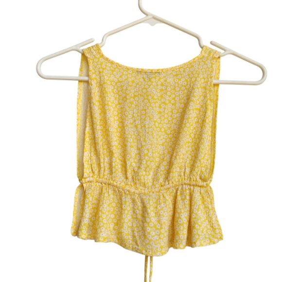 HEART & HIPS | Butter Yellow Front Tie Ruffle Hem Ditsy Floral Boho Crop Top S - Picture 2 of 12